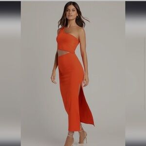 Lulu’s Spice Things Up Orange Ribbed One-Shoulder Cutout Midi Dress NWT Size M